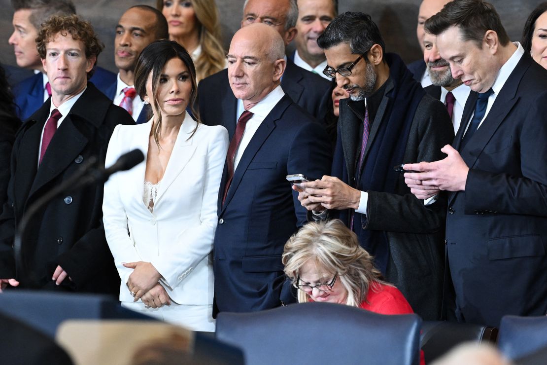 From left: CEO of Meta and Facebook Mark Zuckerberg, Lauren Sanchez, Amazon founder Jeff Bezos, Google CEO Sundar Pichai and Tesla and SpaceX CEO Elon Musk were among the high-profile tech entrepreneurs at the ceremony.