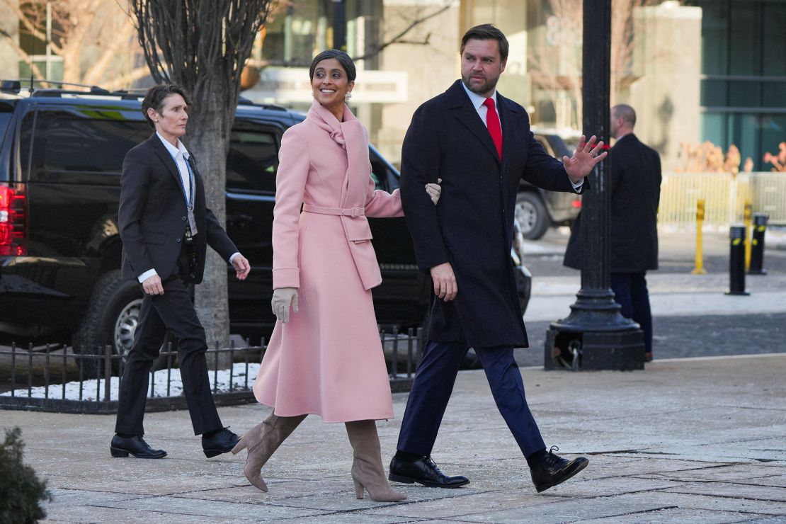 Wife of Vice President JD Vance, Usha, channelled Jackie Kennedy in a pink Oscar de la Renta coat dress and suede boots.