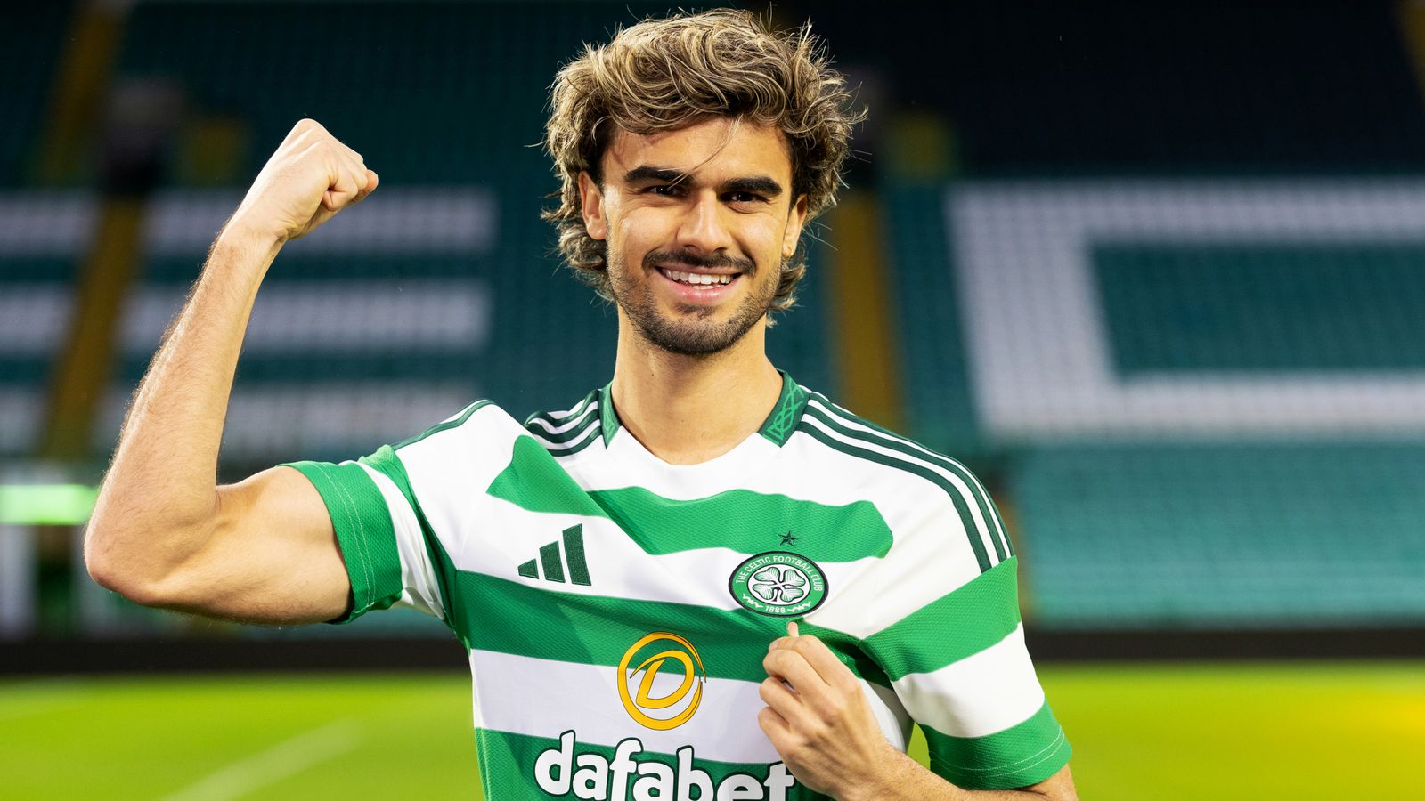 GLASGOW, SCOTLAND - JANUARY 27:  New Celtic signing Jota is unveiled to the media during a Celtic press conference at Celtic Park, on January 27, 2025, in Glasgow, Scotland. (Photo by Craig Williamson / SNS Group)