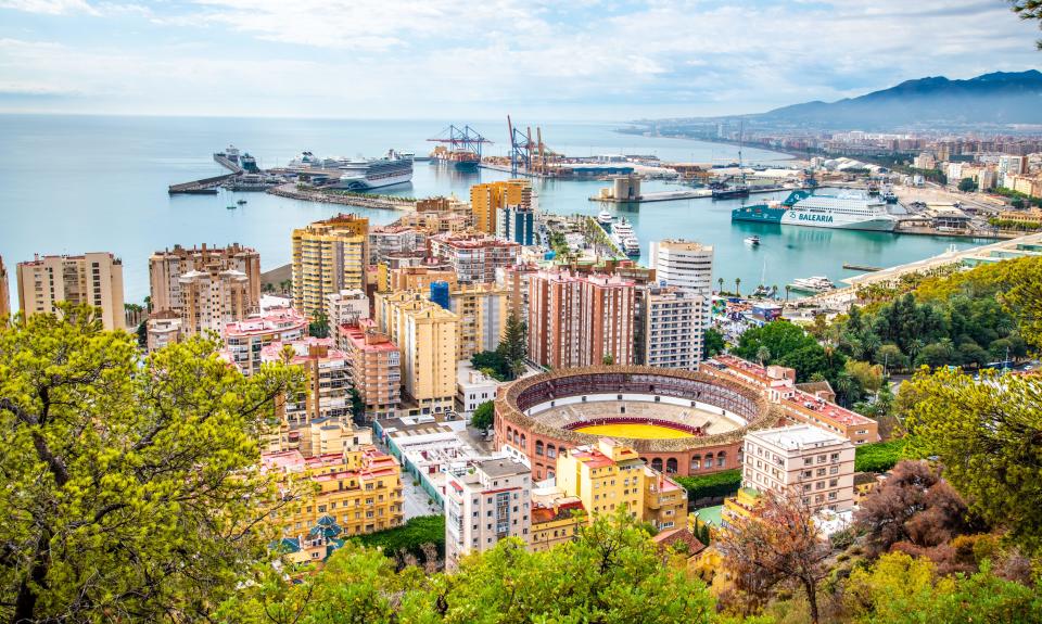 Malaga Spain, Oct. 16,2024 Panorama view of beautiful city Malaga Spain, City landscap, harbour, and famous bullfighting bullring.