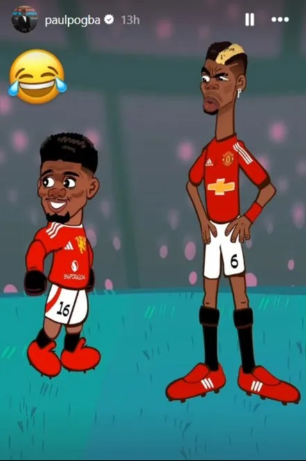 Illustration of Paul Pogba as a cartoon, next to a shorter cartoon of another soccer player.