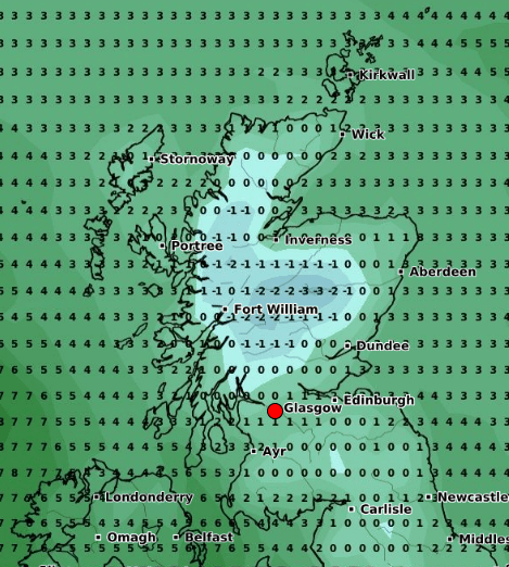 Map of Scotland showing temperatures.