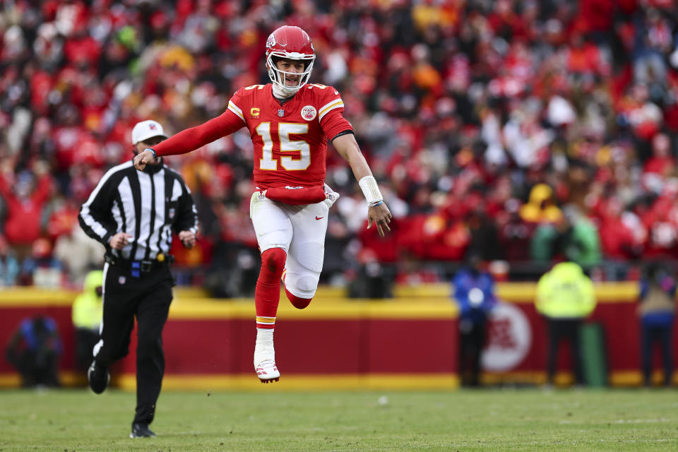 KANSAS CITY, MISSOURI - JANUARY 18: Patrick Mahomes #15 of the Kansas City Chiefs celebrates during the first half of the AFC Divisional playoff game against the Houston Texans at GEHA Field at Arrowhead Stadium on January 18, 2025 in Kansas City, Missouri. (Photo by Aaron M. Sprecher/Getty Images)