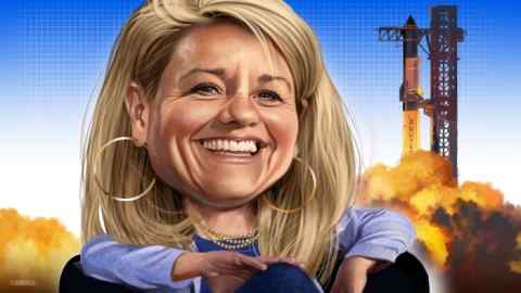 Illustration of a smiling Gwynne Shotwell with long blonde hair, pearl necklace and hoop earrings, sitting in an armchair against a background of the Starship rocket booster being caught by SpaceX mechanical arms