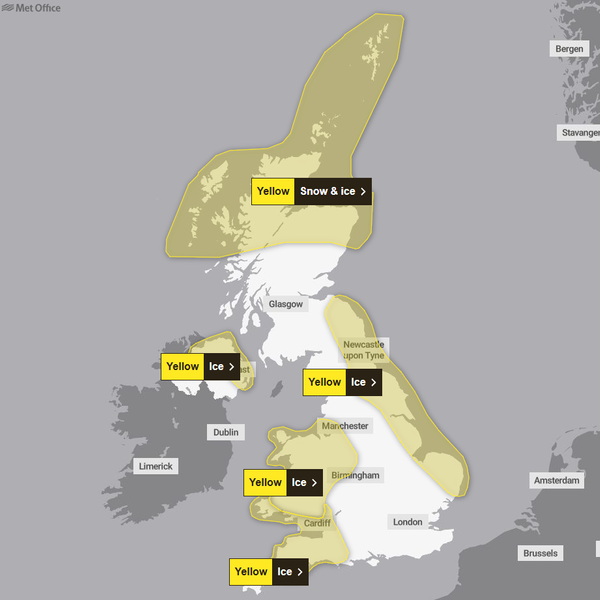 Weather warnings for Friday. Pic: Met office