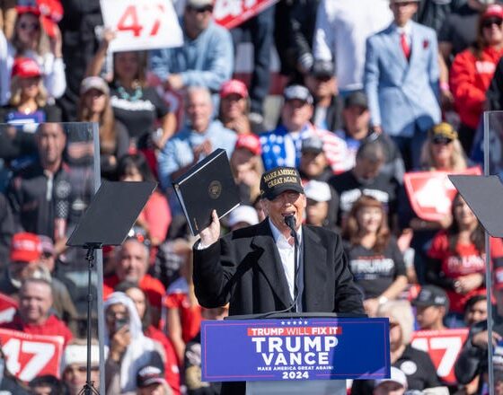 Donald Trump gives a campaign speech at the Albuquerque International Sunport Airport for in Albuquerque, New Mexico on Oct. 31, 2024.