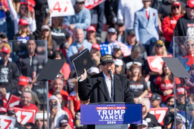 Donald Trump gives a campaign speech at the Albuquerque International Sunport Airport for in Albuquerque, New Mexico on Oct. 31, 2024.