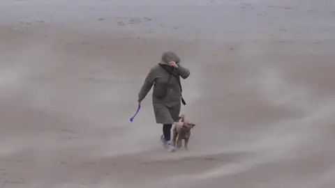 PA Media A person in a long green padded coat holds the hood over their face as they walk with a small terrier dog along sand. White wisps can be seen around them.