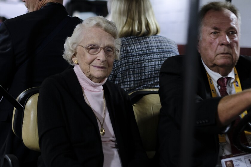 Chicago Bears owner Virginia Halas McCaskey arrives before an NFL football game between the Washington Redskins and the Chicago Bears, Monday, Sept. 23, 2019.